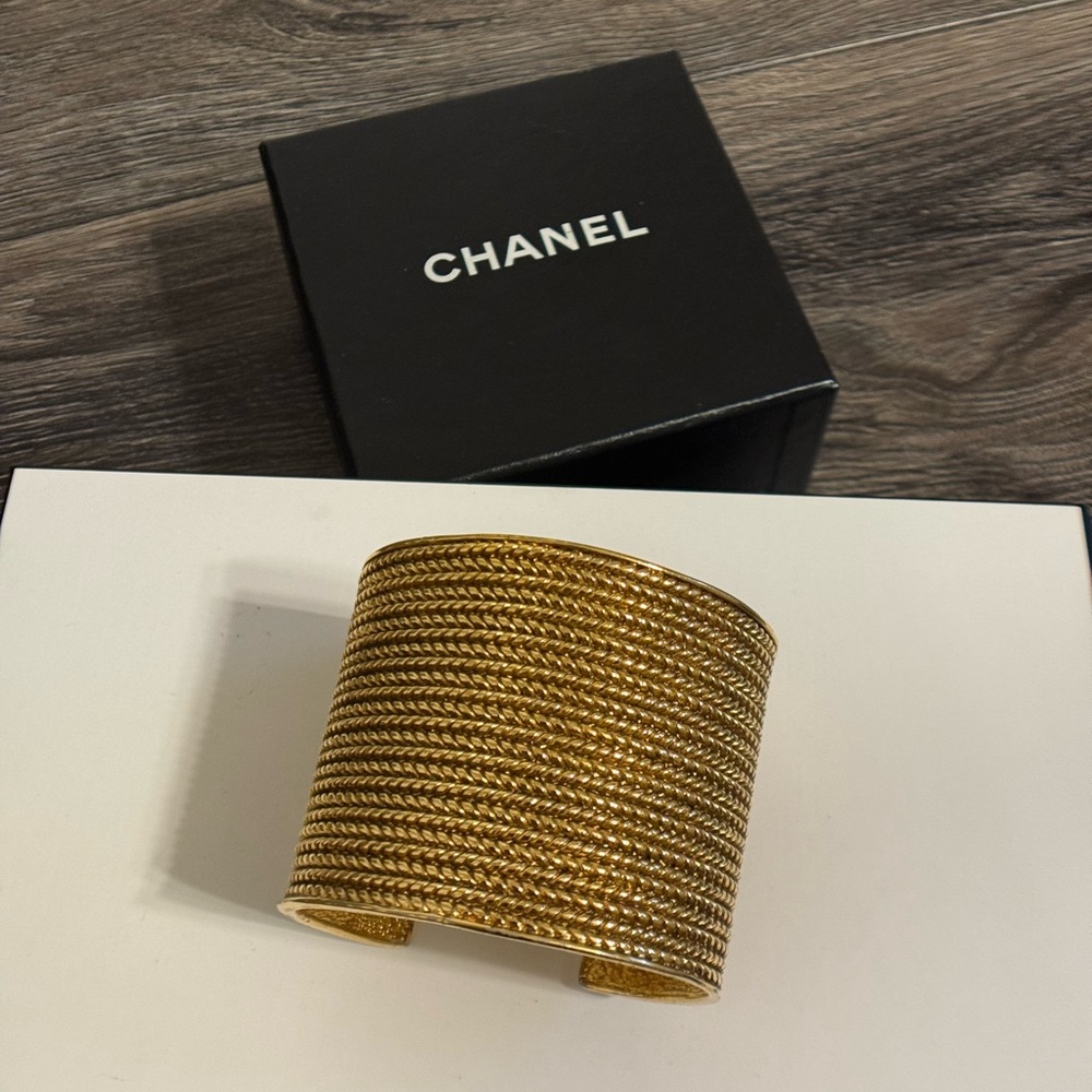 CHANEL Vintage Textured Gold Cuff Statement Bracelet